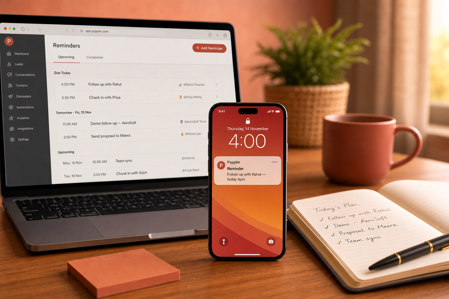 Laptop reminders checklist with due-today tasks and a phone reminder notification